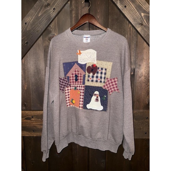 Jerzees Tops - VTG Jerzees Crewneck Sweatshirt XL Patchwork Country‎ Farmhouse Snowman